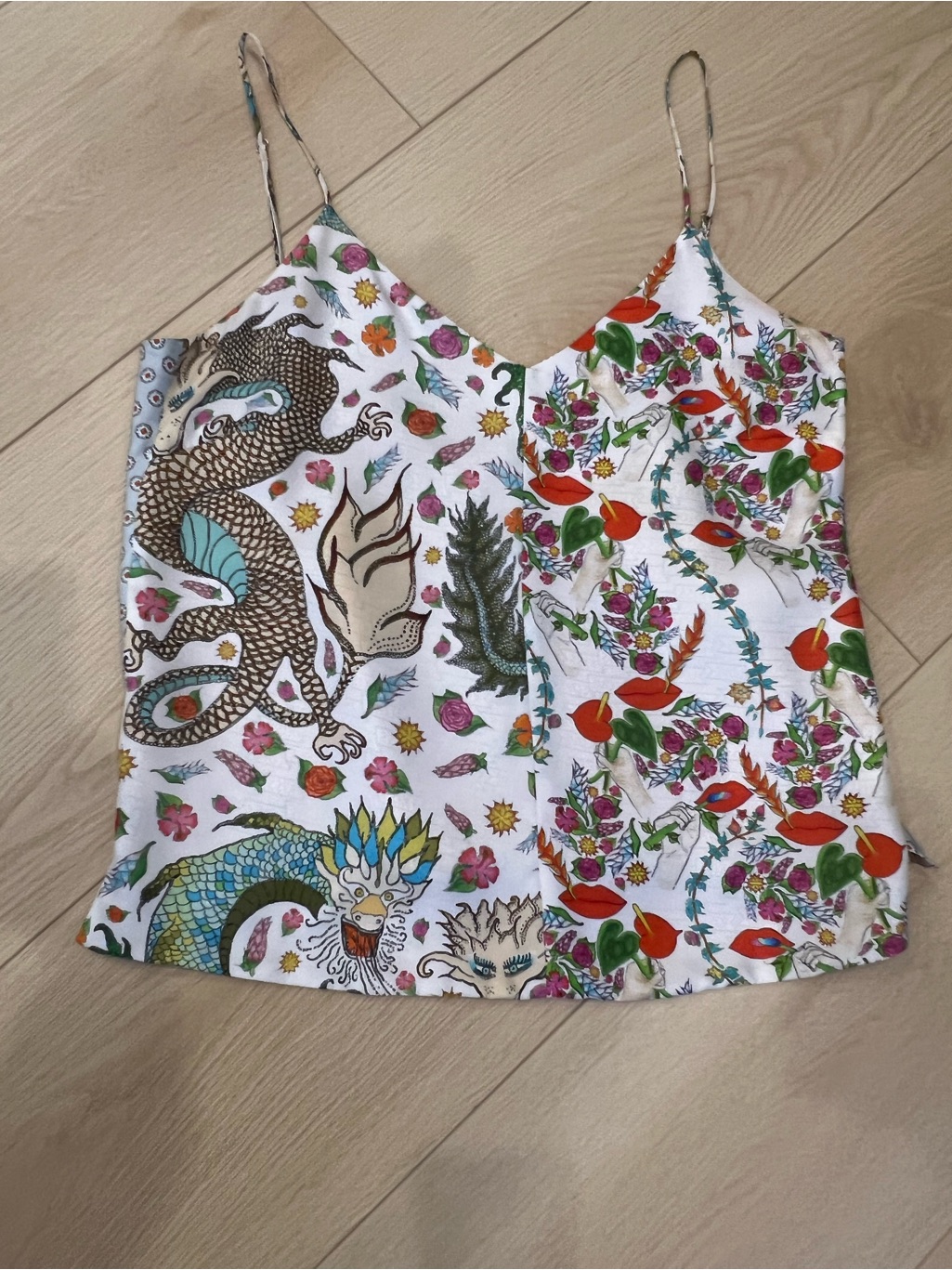 Floral & Dragon Print White Camisole Top Reversible To Kiss And Love